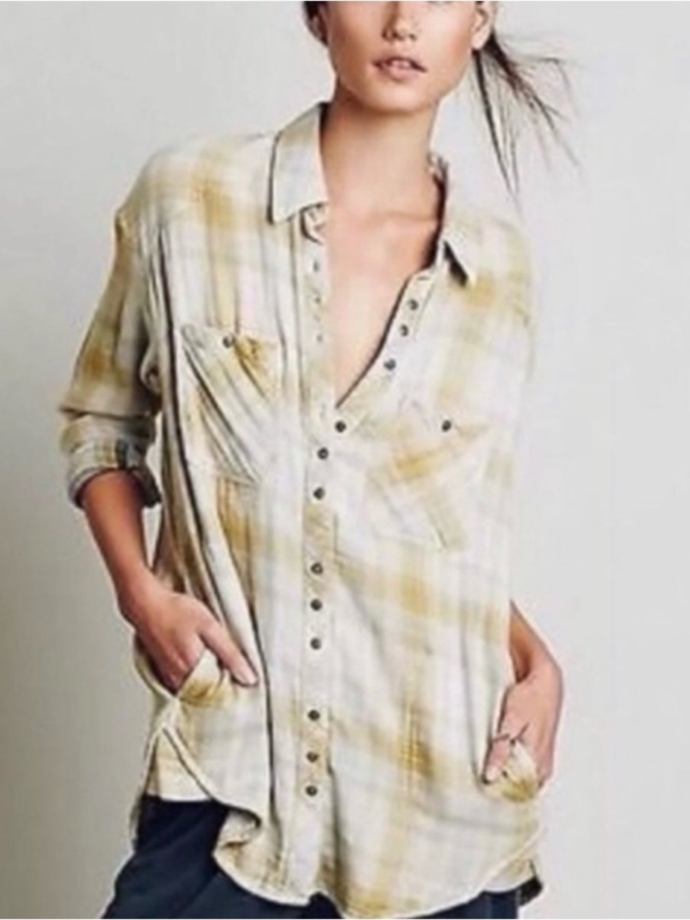 Free People Double Dip Flannel Button Down Top - Picture 1 of 10